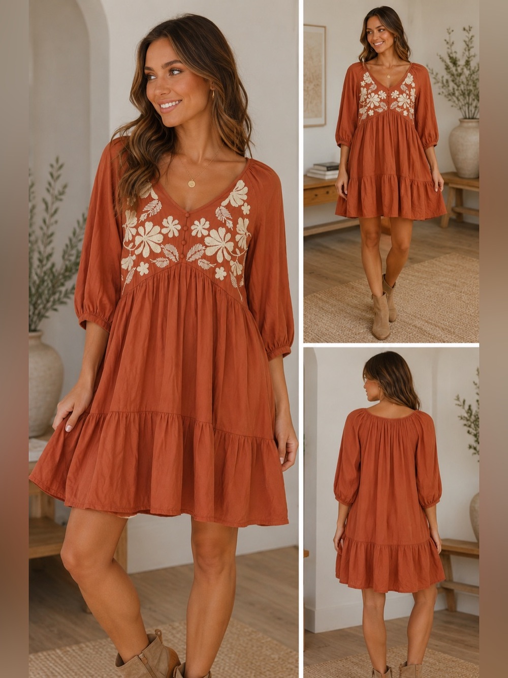 Jodifl Embroidered Babydoll Dress Rust Orange Boho Peasant Mini Medium